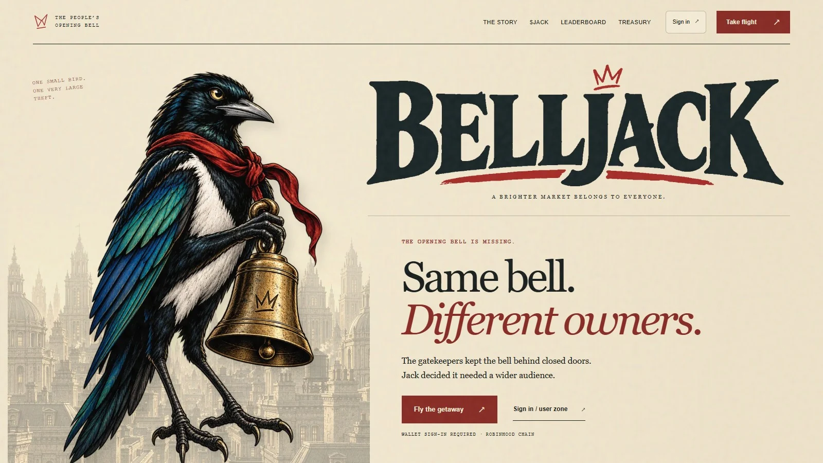 Belljack landing page featuring Jack the magpie holding the stolen opening bell.