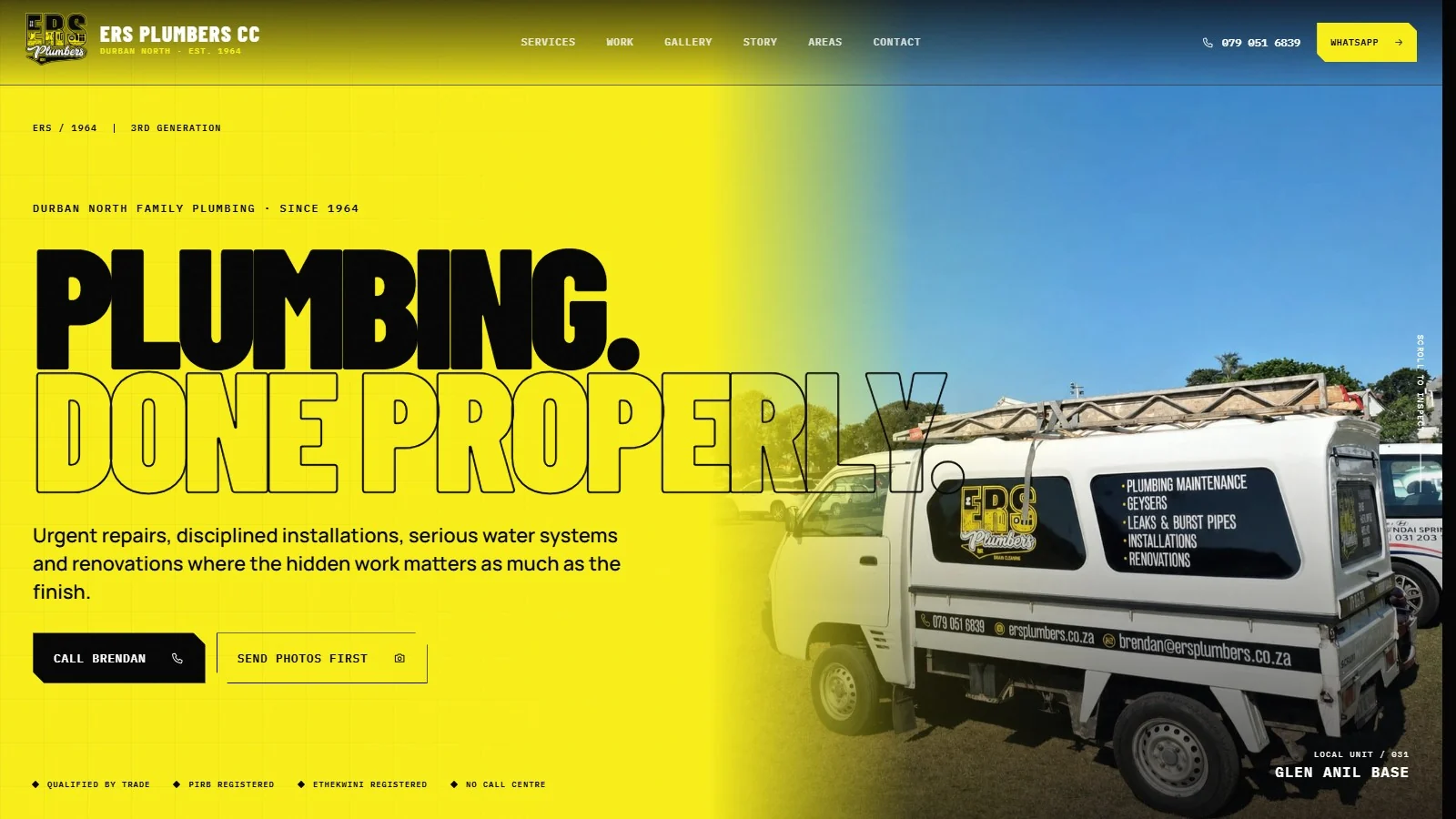 ERS Plumbers homepage with the line Plumbing. Done properly. and a branded service vehicle.