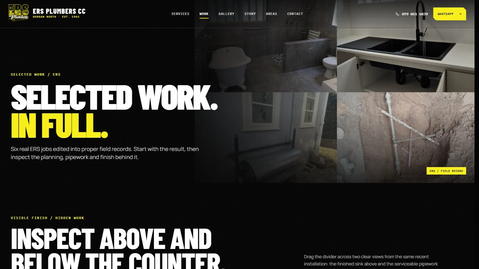 ERS Plumbers selected work page presenting real field records and an interactive installation comparison.